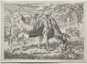 Kuh und zwei Schafe am Fuße eines Baumes, 1670 von Adriaen van de Velde