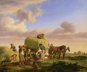Heuarbeiter ruhen sich auf einem Feld aus