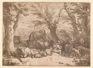 Landschaft mit Hirte und Hirtin und Vieh von Adriaen van de Velde