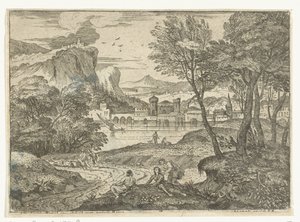 Landschaft mit drei Personen entlang eines Pfades (Landschappen, serie acht) von Adriaen van der Kabel