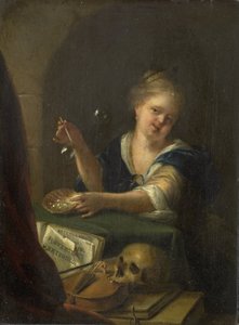 Seifenblasen machendes Mädchen mit einem Vanitas-Stillleben von Adriaen van der Werff (manner of)