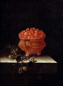 Erdbeeren und Stachelbeeren auf einem Steinsims