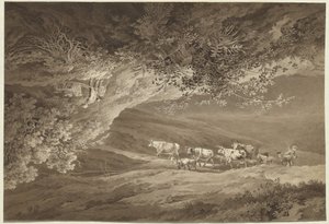 Eine Landschaft mit einer Herde Kühe und Ziegen, überragt von einer anderen Landschaft, kopfüber, mit einem Mann, der eine Schubkarre schiebt von Adrian Zingg