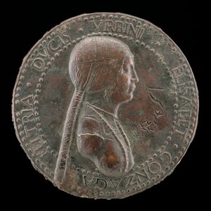 Elisabetta Gonzaga, gestorben 1528, Herzogin von Urbino, Ehefrau von Guidobaldo I 1489 [Vorderseite], wahrscheinlich nach 15 von Adriano Fiorentino