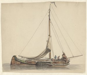 Zwei Männer arbeiten auf einem Plattbodenschiff mit gerefften Segeln von Adrianus Eversen