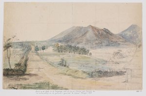 Blick auf die Vulkane Gedé und Pangrango, Straße Cianjur-Cipanas und Landhaus des Generalgouverneurs in Cipanas, Priangan, West-Java von Adrianus Johannes Bik