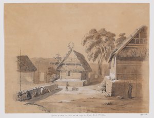Ansicht des Dorfes und des Hauses des Raja von Kisar, Süd-Molukken von Adrianus Johannes Bik