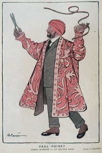 Karikatur von Paul Poiret, französischer Designer (1879-1944) in Abdul-Hamode oder Le Sultan Rose - Illustration von Adrien Barrère (1877-1931) In Fantasio, 01/12/1919