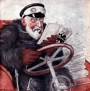 Porträt von König Edward VII. von England (1841 - 1910) beim Autofahren. Zeichnung von A. Barrère. „Ich weiß alles.“ von Adrien Barrere