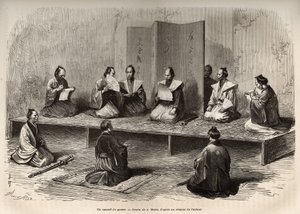 Ein Kriegsrat in Edo (heutiges Tokio), der die Offiziere des Taicoun (Oberhaupt der weltlichen Macht) versammelt, um einer Aufruhr der Daimios (japanischer Adel) kurz vor der Meiji-Restauration (1868) zu begegnen, Gravur nach A. Marie