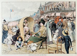 Ein eleganter Strand. Charmante Damen mit ihren Kindern unter einer Menge, die sich an einem Strand in Frankreich vergnügt. Gravur von Adrien Marie von Adrien Emmanuel Marie