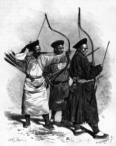 Porträts von drei chinesischen Bogenschützen in traditioneller Tracht, in den 1870er Jahren. Gravur nach einer Zeichnung von Marie, nach einem Foto von Thomson, in „Le Tour du Monde, Nouveau journal des Voyages“, herausgegeben von Edouard Charton, Paris von Adrien Emmanuel Marie