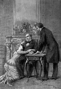 Theateraufführung: 1. Akt von "Jean Baudry" von Auguste Vacquerie (1819-1895) mit Melle Bertet (Andree), M. Barre (Bruel), Edmond Got (1822-1901) (Jean Beaudry). Paris, Comédie Française