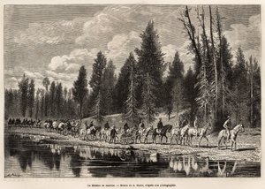 Die gesamte geografische Mission, auf dem Weg zum Mount Hayden, entlang des Henri River, graviert nach der Zeichnung von A. Marie, zur Illustration einer Reihe geografischer Missionen durch den Nationalpark der Vereinigten Staaten, von 1870 bis 1872, von M