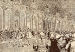 Die Prozession der Ritter des Ordens des Heiligen Geistes in der Eishalle des Schlosses von Versailles am Pfingsttag 1789. Zeichnung von Adrien Marie aus dem Jahr 1889