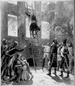 Theateraufführung: „Dreiundneunzig“ von Paul Meurice (1818-1905) nach Victor Hugo (1802-1885). Das Feuer der Tourgue (10. Gemälde): der Marquis de Lantenac, nachdem er das Leben der Kinder der Flecharde gerettet hat, gibt sich hin von Adrien Emmanuel Marie
