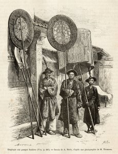 Drei Bestattungsarbeiter in Peking. Gravur nach einer Zeichnung von A. Marie, um die Reise nach Peking und Nordchina von T. Choutze in 1873 zu illustrieren, veröffentlicht in "Le tour du monde" 1876, herausgegeben von Edouard Charton, Hachette-Ausgabe, Par von Adrien Emmanuel Marie