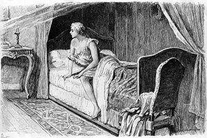 Gravur von Adrien Moreau, die „Candide“ von Voltaire illustriert von Adrien Moreau