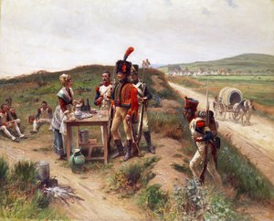 Soldaten bei einer jungen Markthändlerin auf der Rast von Adrien Moreau