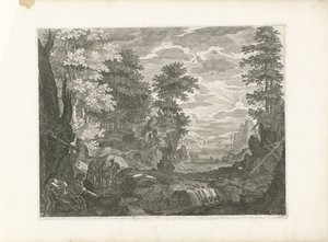 Wasserfall mit einer Stadt im Hintergrund (Vier Landschaften in Böhmen)