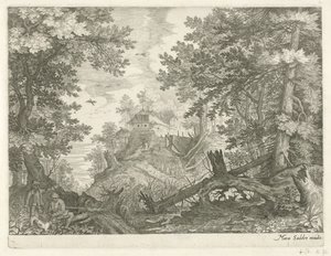 Waldlandschaft mit zwei Jägern und einem Hund von Egidius  Sadeler (II)
