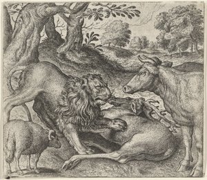 Fabel vom Löwen, der Kuh und dem Schaf auf der Jagd von Egidius  Sadeler (II)