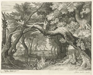Hirschjagd bei einem Waldsee (Serie: Sechs Landschaften) von Egidius  Sadeler (II)