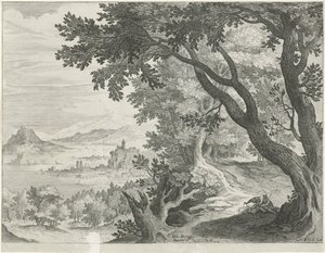 Landschaft mit zwei Figuren unter einem Baum von Egidius  Sadeler (II)