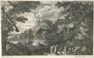 Flusslandschaft mit Fischern und Arbeitern (Acht Landschaften in Böhmen) von Egidius  Sadeler (II)