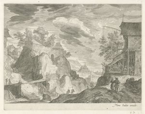 Felslandschaft mit Gasthaus und Häusern