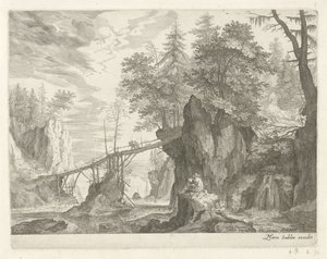 Zeichner, der auf einem Stein vor einer Brücke sitzt von Egidius  Sadeler (II)