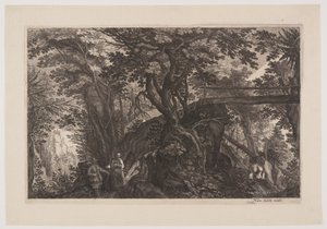 Ein Wald mit einer Holzbrücke rechts, aus Acht Szenen aus Böhmen von Aegidius Sadeler II