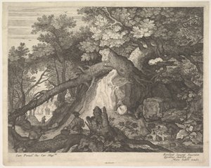 Ein Mann mit einem Stab sitzt auf einem Baumstamm, mit zwei Ziegen zu beiden Seiten, ca. 1600 von Aegidius Sadeler II