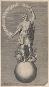Allegorische Figur eines Kriegers, der auf einem Globus mit dem päpstlichen Wappen steht