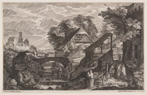 Bauernhäuser rechts eines Flusses, aus Acht Szenen aus Böhmen von Aegidius Sadeler II