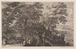 Szene Eins: Wassermühle auf einer Insel in einem Fluss mit Männern beim Fischen, aus Acht Szenen aus Böhmen von Aegidius Sadeler II