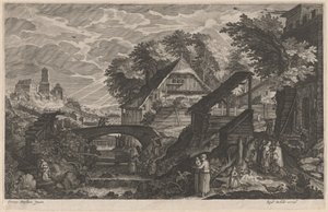 Bauernhäuser an einem Fluss mit einer Stadt im Hintergrund von Aegidius Sadeler II after Pieter Stevens