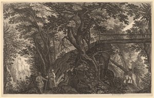 Waldlandschaft mit zwei Männern und einer Frau, die sich in der Nähe einer Brücke ausruhen von Aegidius Sadeler II after Pieter Stevens