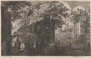 Gondeln auf einem Fluss bei einem Palast von Aegidius Sadeler II after Pieter Stevens