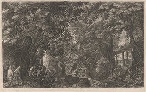 Jäger in einem Wald nahe einer Holzbrücke von Aegidius Sadeler II after Pieter Stevens