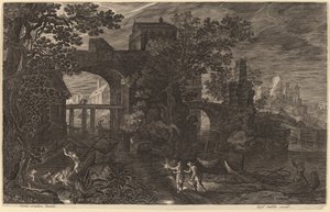 Nächtliche Landschaft mit Flussfischern vor Stadtmauern von Aegidius Sadeler II after Pieter Stevens