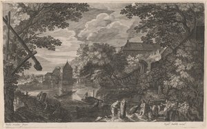 Flusslandschaft mit Fischern bei einer befestigten Stadt von Aegidius Sadeler II after Pieter Stevens