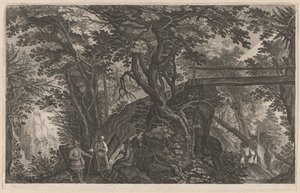 Reisende ruhen sich in einem Bergwald an einer Holzbrücke aus von Aegidius Sadeler II after Pieter Stevens