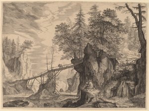 Zeichner auf einem Stein vor einer Brücke von Aegidius Sadeler II after Roelandt Savery