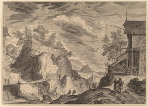 Landschaft mit Gasthaus rechts und Haus auf Felsen links