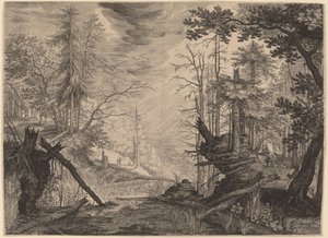 Drei Jäger und zwei Hunde in der Nähe eines Teiches von Aegidius Sadeler II after Roelandt Savery