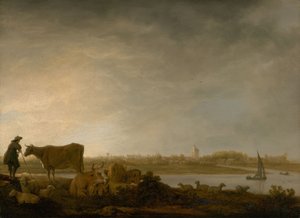 Ansicht von Vianen mit einem Hirten und Vieh an einem Fluss, ca. 1643-45 von Aelbert Cuyp
