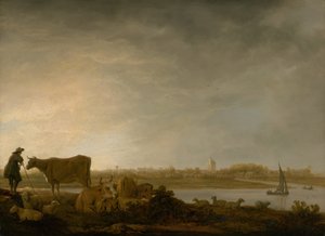Ansicht von Vianen mit einem Hirten und Vieh an einem Fluss, ca. 1643-45 von Aelbert Cuyp