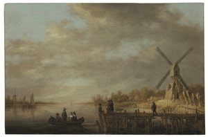 Eine Flusslandschaft mit einer Windmühle und vornehmen Leuten in einem Ruderboot und auf einem Steg im Vordergrund