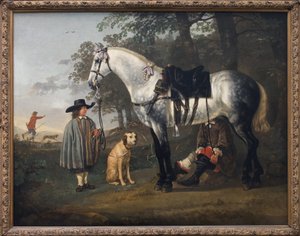 Graues Pferd in einer Landschaft. Gemälde von Albert (Aelbert oder Aelbrecht) Cuyp (1620-1691), um 1650. Niederländische Kunst von Aelbert Cuyp